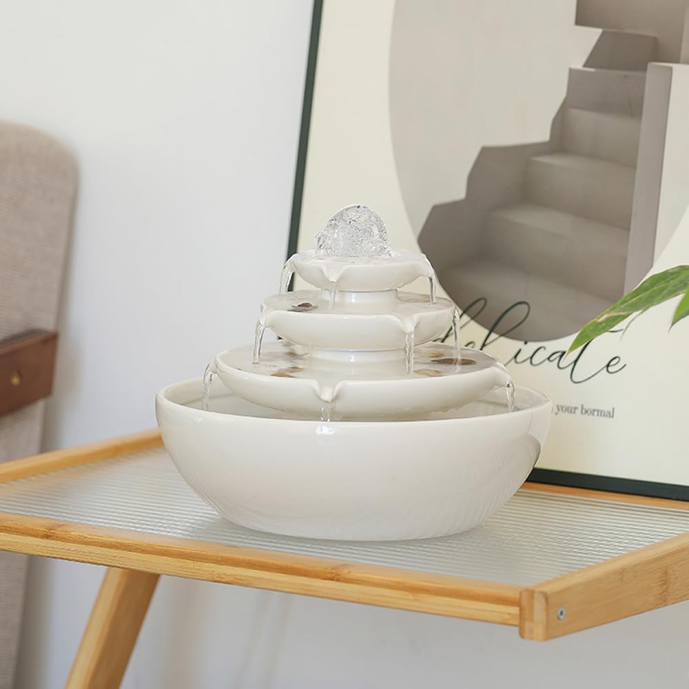 Modern White Ceramic Tabletop Fountain for Home Office Decor