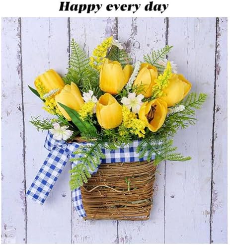 Yellow Tulips Door Wreath with Blue Plaid Bow