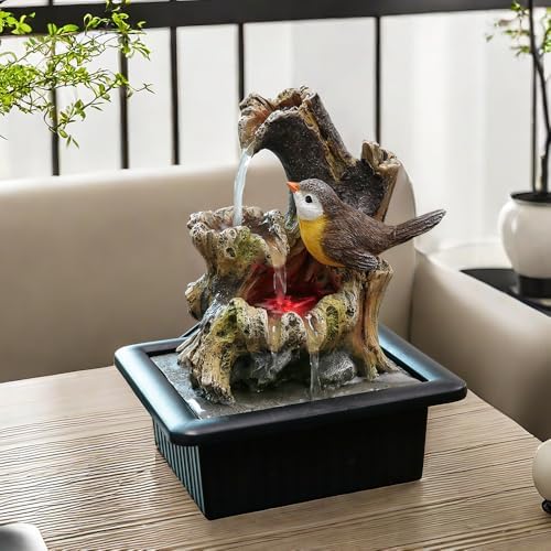 Rock Cascading Tabletop Water Fountain with LED Light Yellow Bird