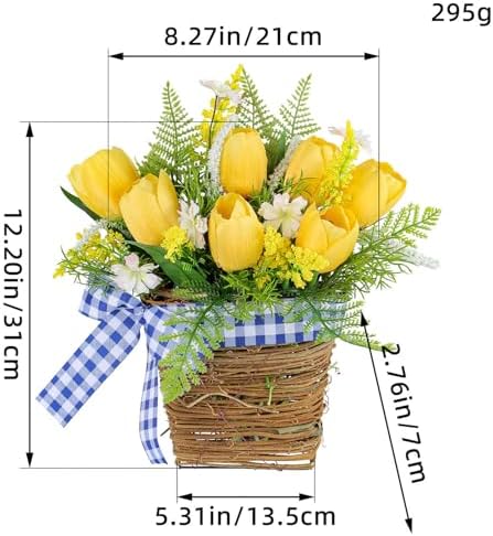 Yellow Tulips Door Wreath with Blue Plaid Bow