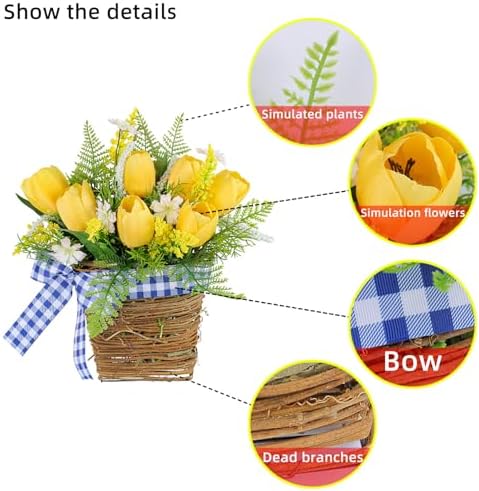 Belupai Spring Door Wreath with Artificial Tulips and Plaid Bow