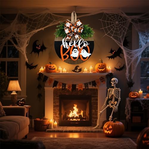 Cute Halloween Ghost Door Wreath Sign Wooden Welcome Decor for Front Door