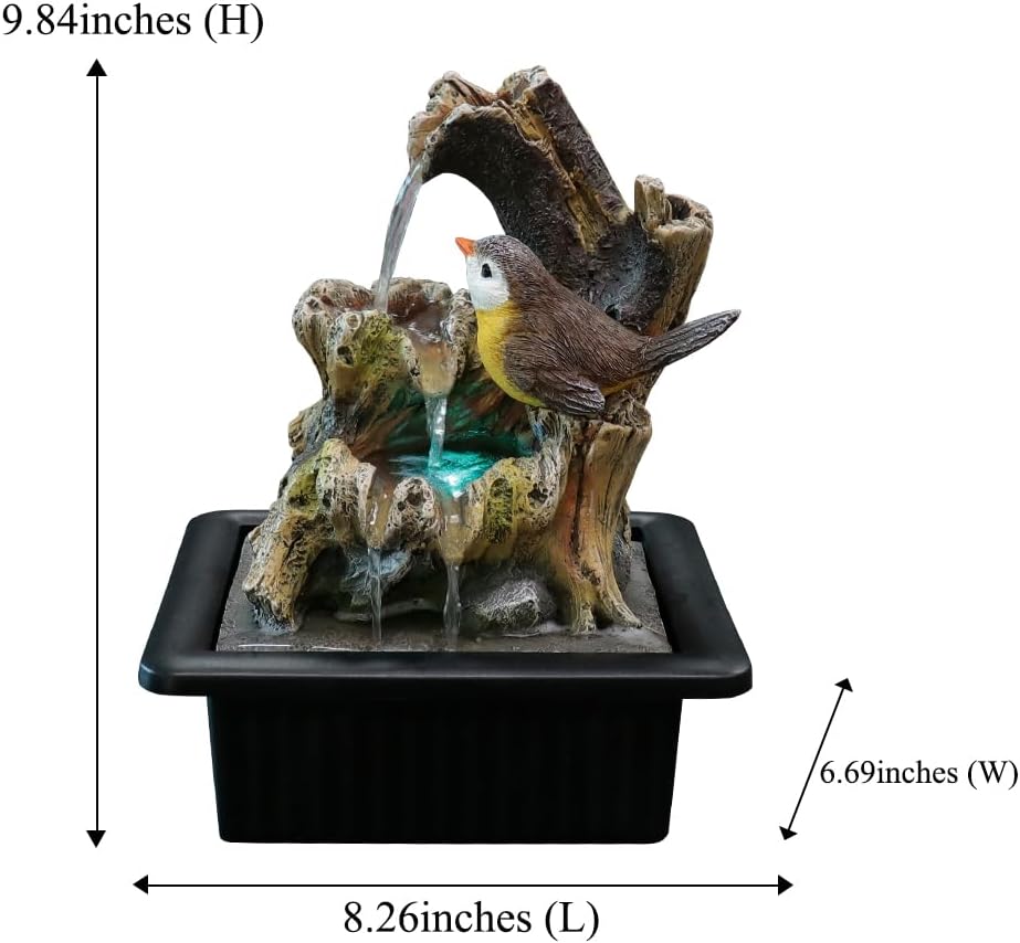 Rock Cascading Tabletop Water Fountain with LED Light Yellow Bird