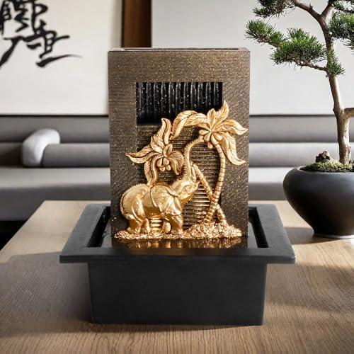 Elephant Themed Tabletop Fountain with Colorful Lights and Natural River Rocks