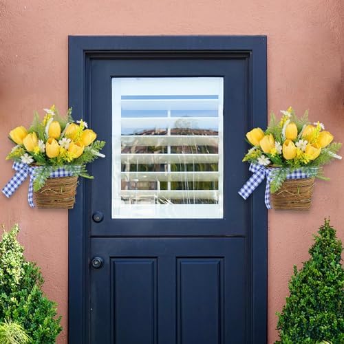 Yellow Tulips Door Wreath with Blue Plaid Bow