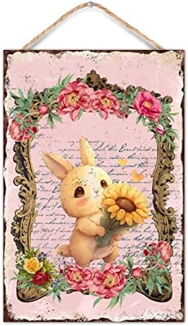 Welcome Easter Bunny Rabbit Door Sign Vintage Floral Wreath Wood Decor