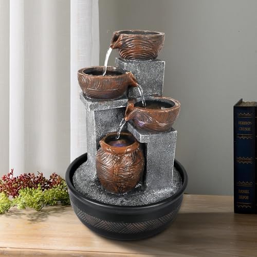 Tabletop Water Fountain With LED Lights Brown Polyresin Lighted Pump