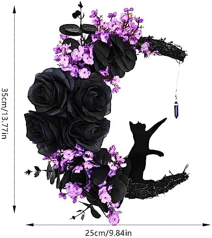 Halloween Wreath with Black Cat and Purple Roses