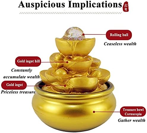 Feng Shui Gold Ingot Tabletop Waterfall Fountain with Lights and Rolling Crystal Ball