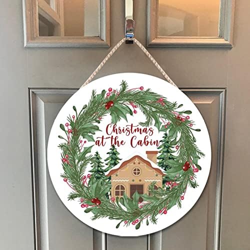 Christmas Cabin Holly Wreath Wood Door Hanger 10x10in