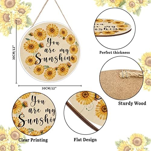 Farmhouse Door Hanger Vintage Sunflower Wreath Bee Wood Sign 12x12in