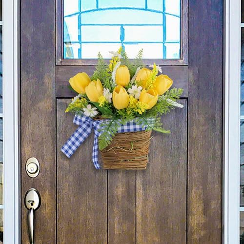 Belupai Spring Door Wreath with Artificial Tulips and Plaid Bow