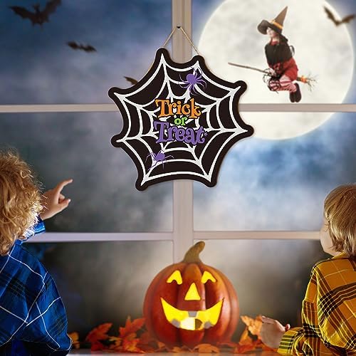 Whaline Halloween Spider Web Door Sign Wooden Hanging Welcome Wreath