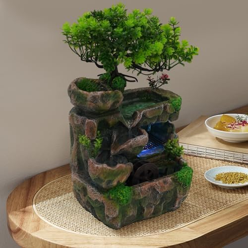 Tabletop Water Fountain with LED Light and Artificial Tree
