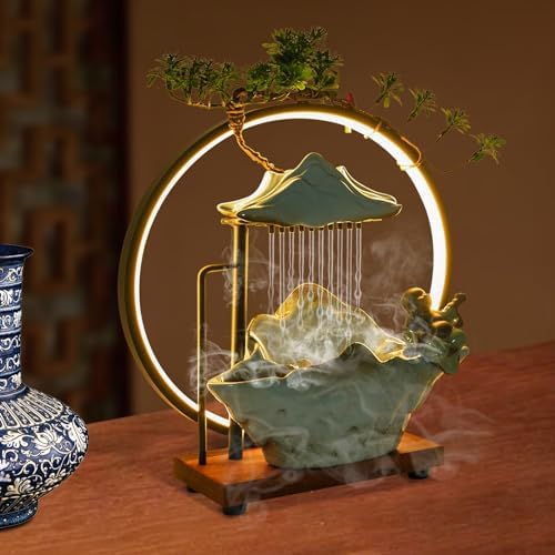 Indoor Tabletop Waterfall with LED Light and Artificial Plants