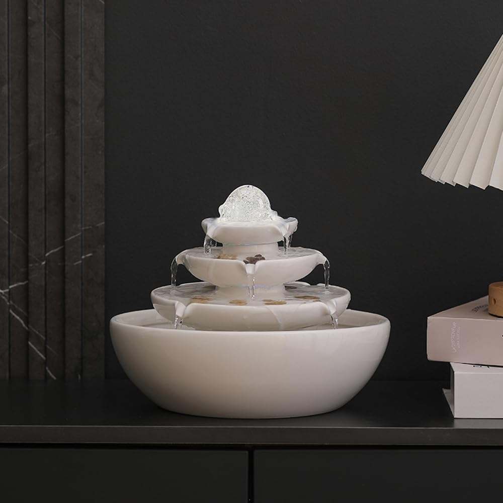 Modern White Ceramic Tabletop Fountain for Home Office Decor