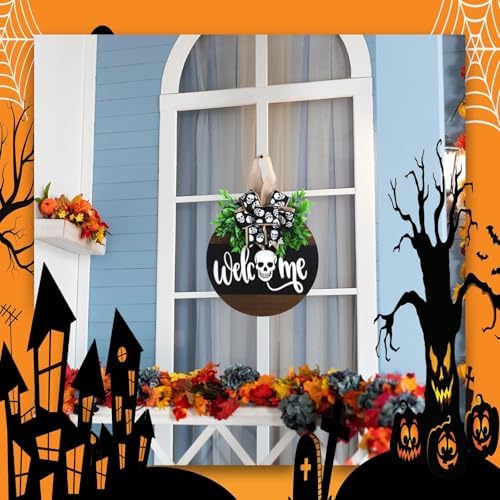 Halloween Wooden Welcome Sign with Spooky Skull and Bow