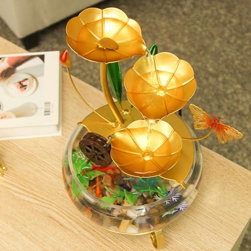 LED Lotus Flower Tabletop Water Fountain with Butterfly and Fish Tank