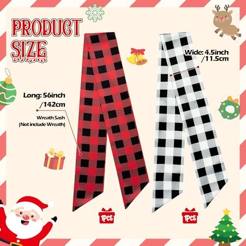 WATINC Christmas Wreath Sash - 2pcs Buffalo Check DIY Decor