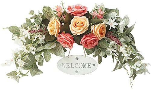 POTRUWE Orange Artificial Rose and Leaf Front Door Wreath