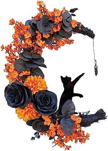 Halloween Wreath with Black Cat and Crescent Moon Design