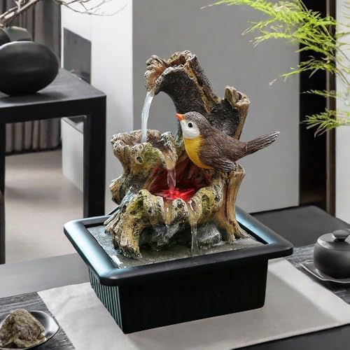 Rock Cascading Tabletop Water Fountain with LED Light Yellow Bird