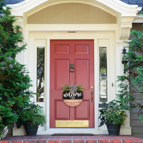 Front Door Decorations Welcome Wreaths with Green Plants and Plaid Ribbons