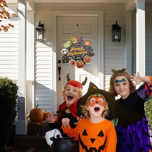 Halloween Wooden Wreath - Happy Halloween Door Sign Decor
