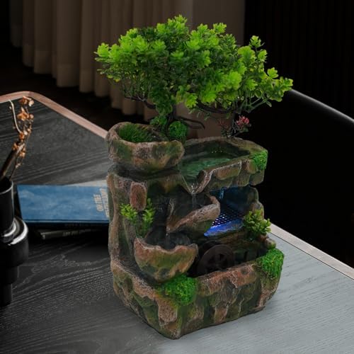 Tabletop Water Fountain with LED Light and Artificial Tree