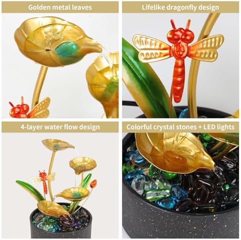 Bocnity 4 Tier Lotus Fountain with LED Lights and Crystals