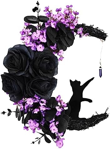 Halloween Wreath with Black Cat and Purple Roses