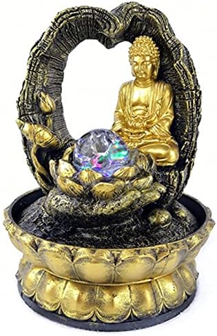 Golden Lotus Buddha Desktop Water Fountain with Glowing Ball