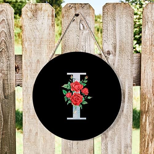 Farmhouse Front Door Hanger Red Flowers Marble Initial Letter I Wood Sign for Kids Girls Women 10x10in