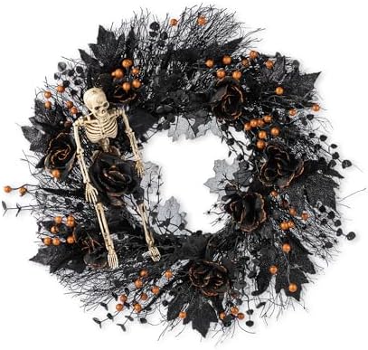 Glitzhome 24 Inch Halloween Wreath Black Rose Skeleton
