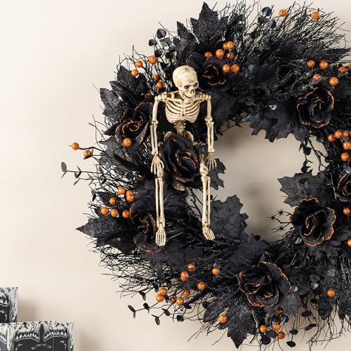 Glitzhome 24 Inch Halloween Wreath Black Rose Skeleton