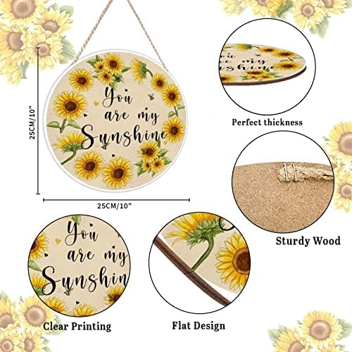 Farmhouse Front Door Hanger Sunflower Wreath Bee Wood Sign for Kids Girls Women 10x10in