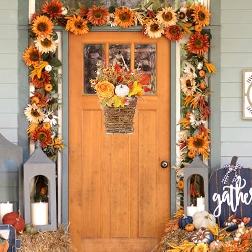 Autumn Door Wreath with Flowers and Decorative Elements