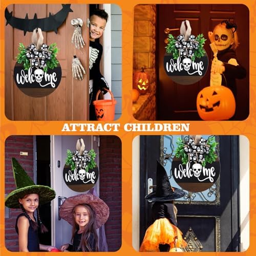 Halloween Wooden Welcome Sign with Spooky Skull and Bow