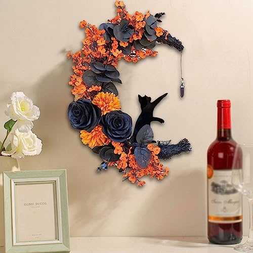 Halloween Wreath with Black Cat and Crescent Moon Design
