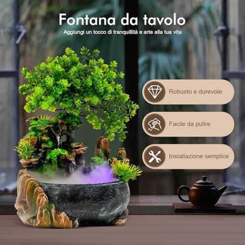 DYRABREST Tabletop Rockery Fountain with LED Light and Automatic Pump