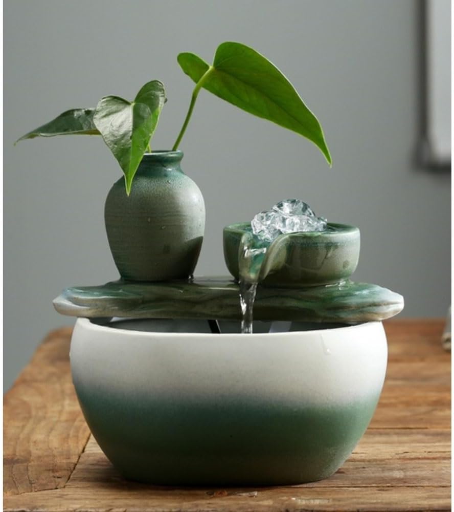Green Tabletop Water Fountain for Home or Office Decor