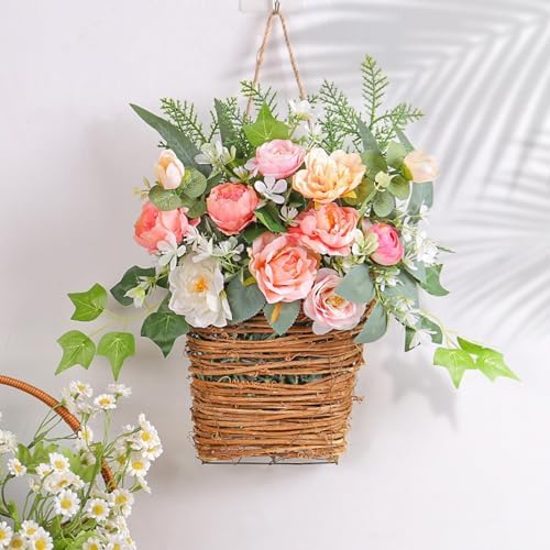Colorful Peonies Rattan Hanging Wreath for Front Door