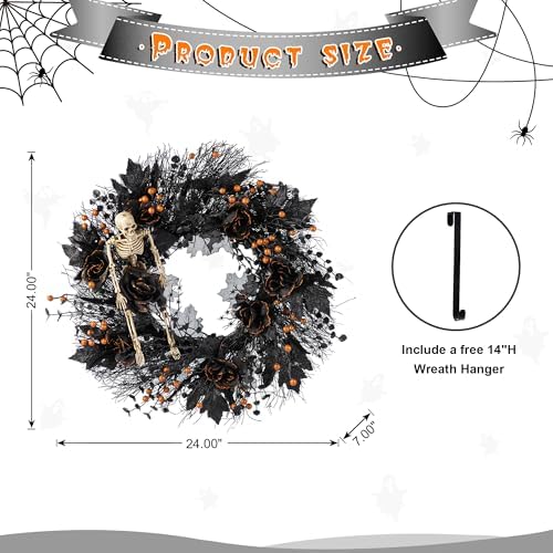 Glitzhome 24 Inch Halloween Wreath Black Rose Skeleton