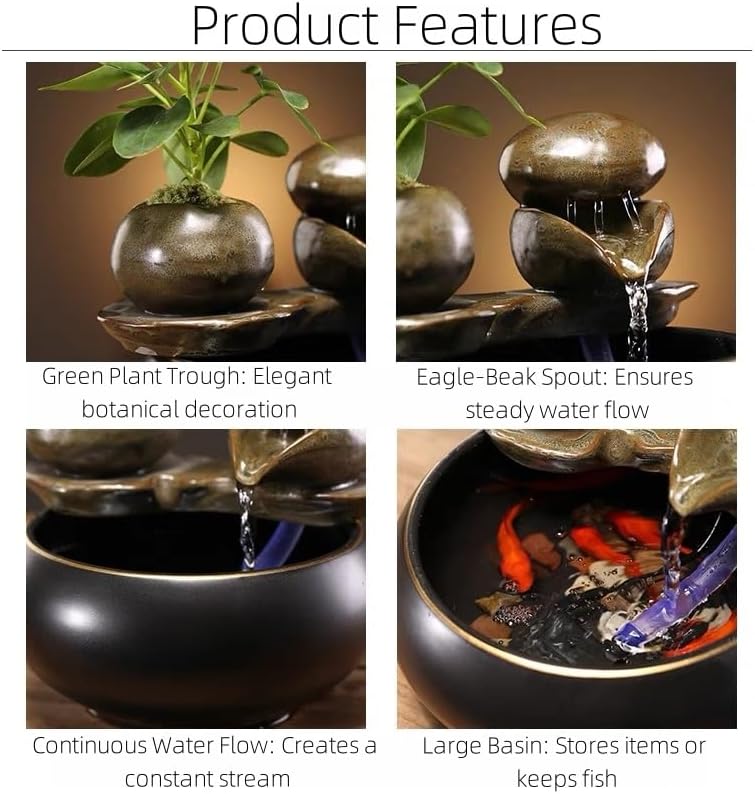 Ceramic Tabletop Fountain with Bamboo Water Feature Black Gloss