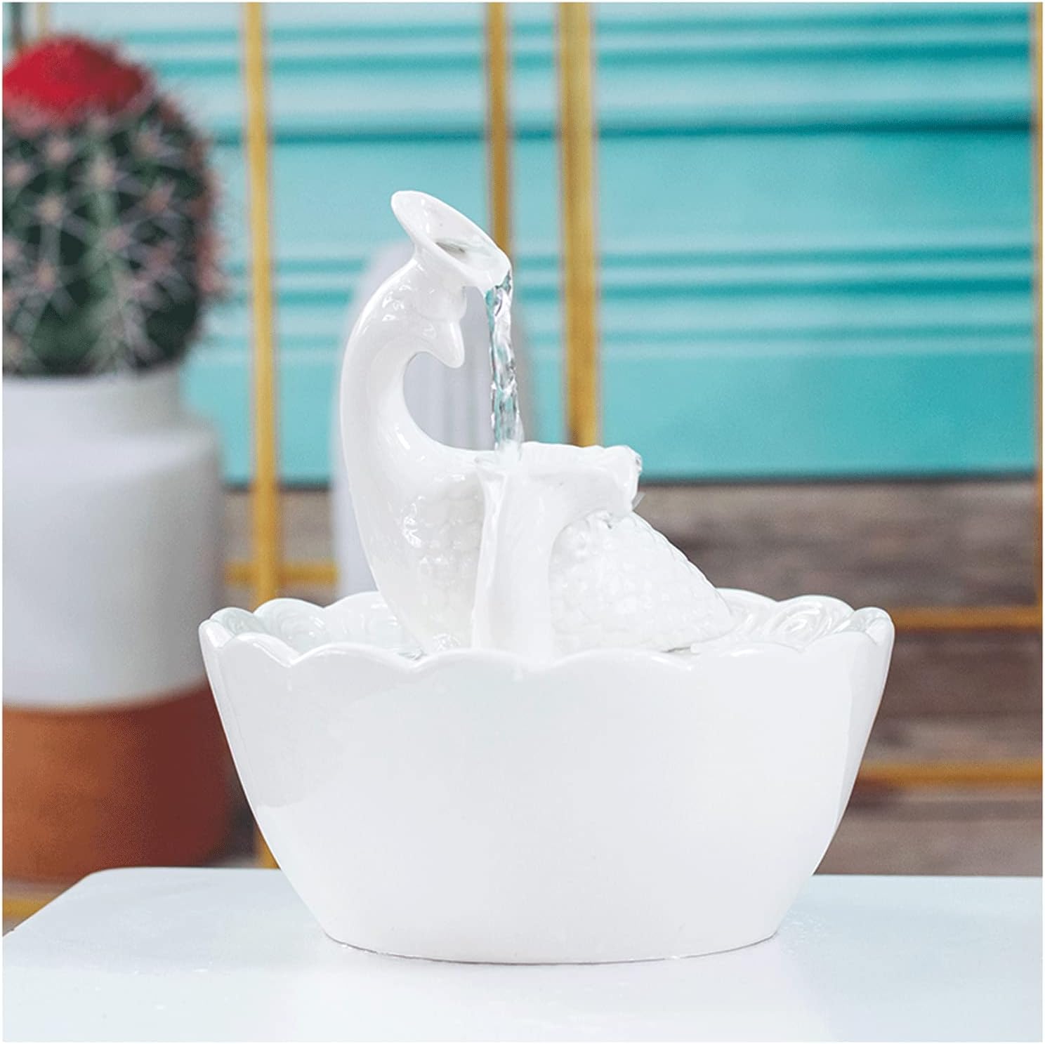 Peacock Tabletop Fountain Ceramic Indoor Decor