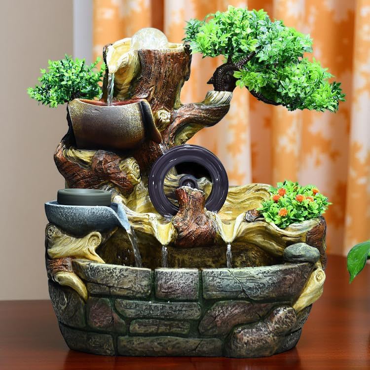 1495 Indoor Tabletop Fountain with 4-Tier Waterfall and 10 Natural Crystals