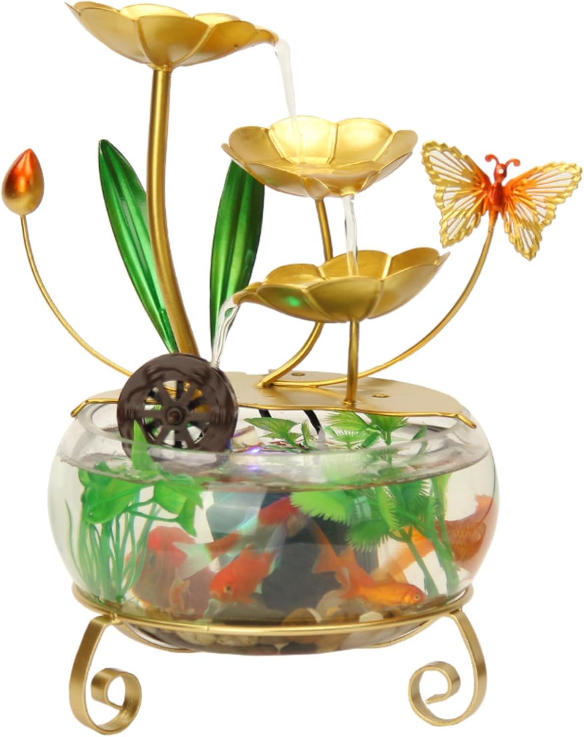 LED Lotus Flower Tabletop Water Fountain with Butterfly and Fish Tank