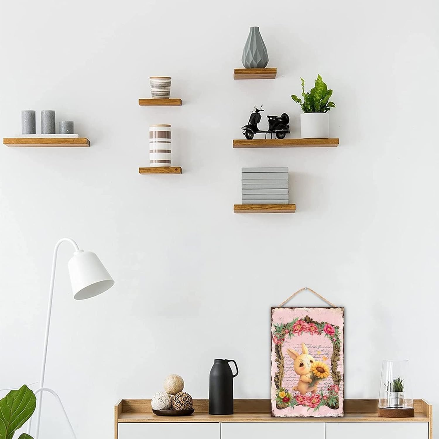 Welcome Easter Bunny Rabbit Door Sign Vintage Floral Wreath Wood Decor