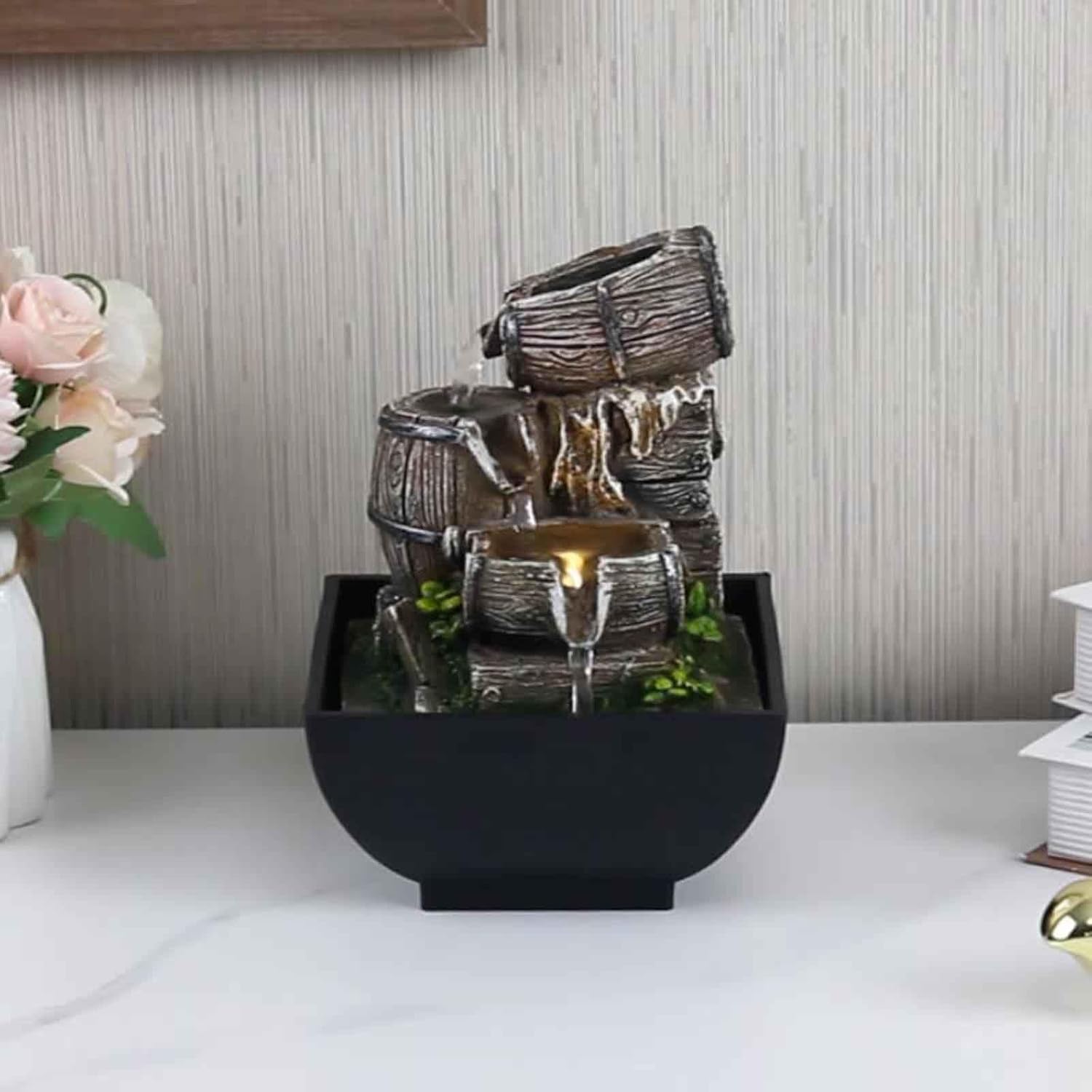 Tabletop Fountain with LED Light and Wood Barrel Design