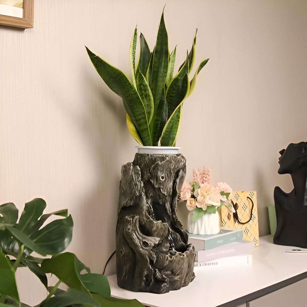 14-inch Log Tabletop Fountain with LED Lights and Planting Area